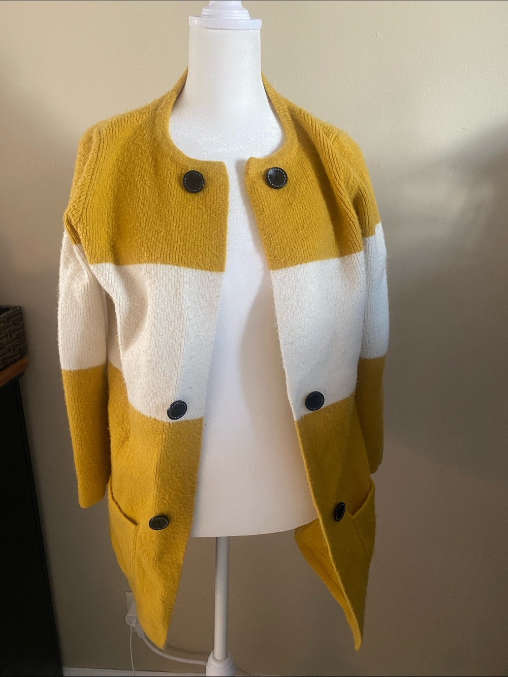 Mustard and Cream Colorblock Pea Coat - Women's Jacket